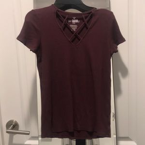 burgundy ribbed v neck tee shirt